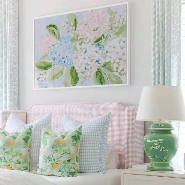 1pc Framed/Unframed Blue Green Pink Hydrangea Canvas Poster, Botanical Floral Granny Chic Preppy Wall Art Print, Suitable For Hallway, Entryway, Dorm, Living Room, Bedroom Modern Home Aesthetic Decor Painting