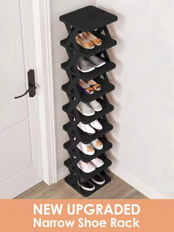 9/6 Tier Vertical Shoe Stand Space Saving Narrow Shoe Rack, Small Shoe Shelf, DIY Free Standing Shoes Storage Organizer For Entryway, Closet, Hallway, Easy Assembly And Stable In Structure, Black Shoe Rack, Plastic Material, Black Plastic Shoe Rack